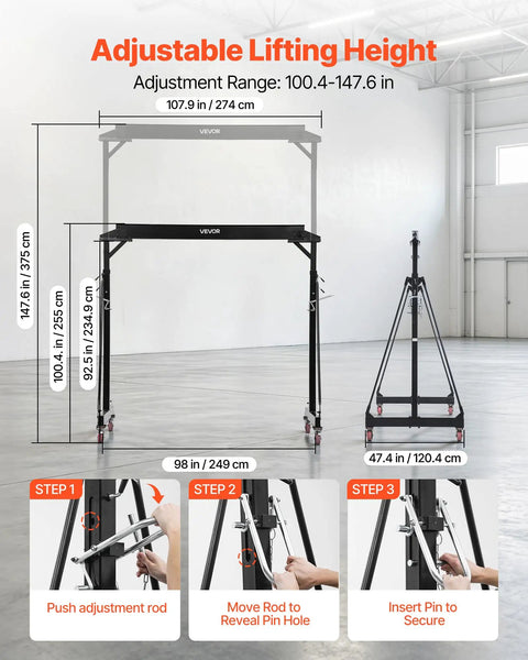 Height Adjustable Gantry Crane 5000 Lbs Capacity Rock Solid Portable Shop Lift Hoist With Manual Trolley And Locking Casters Heavy Duty Steel Frame Built Like A Tank For Garage And Workshop showing adjustable lifting height features.