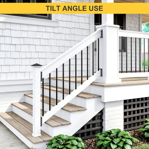 Installed railing bracket connectors for 2x4 wood posts on outdoor stair handrails, tilt angle use, built tough nylon construction.
