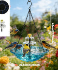 Solar Powered Hanging Bird Bath Fountain With Cascading Water Feature For Gardens And Patios in a blue acrylic bowl with birds