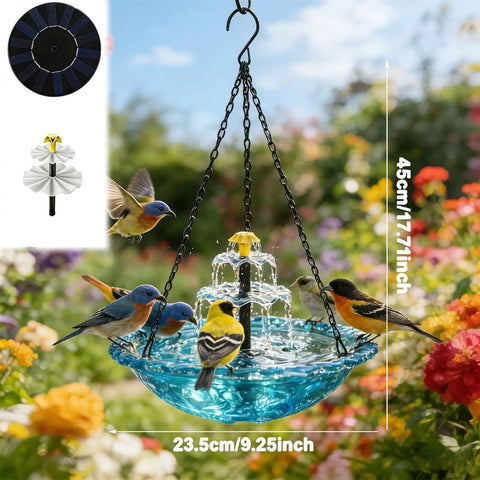 Solar Powered Hanging Bird Bath Fountain With Cascading Water Feature For Gardens And Patios in a blue acrylic bowl with birds