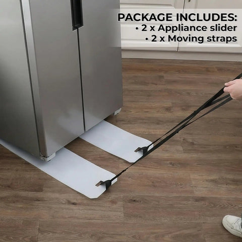 Heavy Duty Appliance Sliders With Reinforced Pull Straps For Absolute No Sweat Fridge Moves and Smooth Sailing Repositioning Slides in use under a refrigerator.