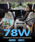 Inside a car showing Heavy Duty 78W Triple Port Car Charger Socket Featuring Dual Usb C Fast Charge Plus Single Usb A Plug.