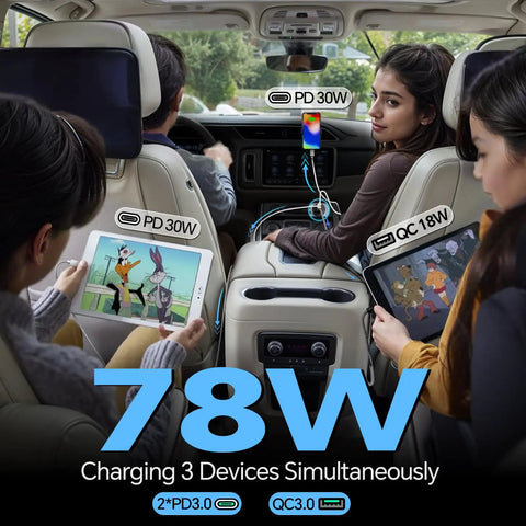 Inside a car showing Heavy Duty 78W Triple Port Car Charger Socket Featuring Dual Usb C Fast Charge Plus Single Usb A Plug.