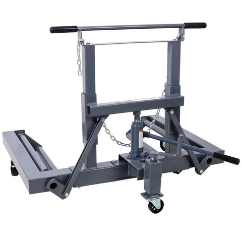 Heavy Duty Adjustable Height Dual Wheel Dolly With 1500 Lbs Lift Capacity For Rig Moving And Vehicle Repair. Gray hydraulic jack dolly.
