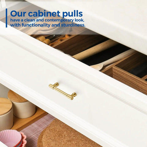 Pro Grade Brushed Gold Cabinet Handles And Sleek Modern Pulls With A Straightforward Three Inch Hole Center Spacing Heavy Duty Zinc Frame For No Fuss Installation And Sharp Home Refresh Smooth Glide Two Pack on a white drawer.
