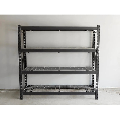 High Octane Heavy Duty Industrial Storage Shelving Racks, Six Pack Of Four Tier Metal Garage Shelves, 77X72X24 Inch unit with black steel frame.