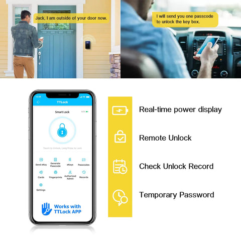Smart Fingerprint Key Lock Box With Bluetooth Access TTLock App Control interface and remote unlocking demonstrated on smartphone