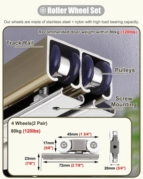 Heavy Duty Bypass Sliding Door Track Kit, Solid As A Rock Stainless Steel Rollers Handle Up To 450 Lbs, smooth track rail with pulleys.