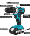 Heavy Duty Cordless Drill Plus Electric Screwdriver Power Tool Set With Rechargeable Battery And Two Speed Settings Plus Twenty Five Torque Adjustments For Slick Crafting Projects That Knock Out Tasks With Zero Sweat close-up of features including torque settings and battery.