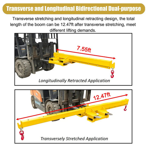 Top Tier Badass 5 Ton 11000 Lb Bidirectional Adjustable Crane Boom Forklift Attachment shown in retracted and extended positions.