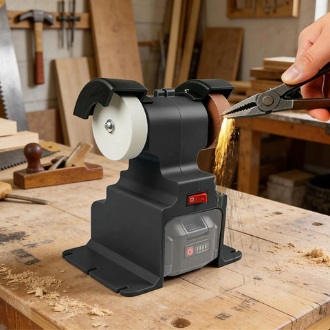 Knockout 18V Cordless Mini Bench Grinder And Buffer Polisher with six position base, for grinding and polishing tools.