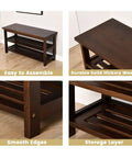 Sturdy Hickory Wood Shoe Bench With Massive Storage For Entryway And Mudroom Indoor Outdoor Ready Front Door Organizer USA Grown Hardwood Dark Walnut Finish Solid Top And Bottom Shelves - angled view showing smooth edges and storage layer.