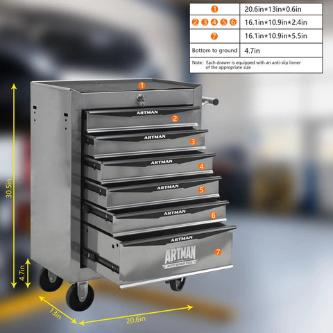 Badass 21 Inch Lockable Tool Storage Cabinet With Heavy Steel Countertop Smooth Ball Bearing Slides For Tough Garage Organization Secure Rolling Shop Locker Silver, front view with dimensions.