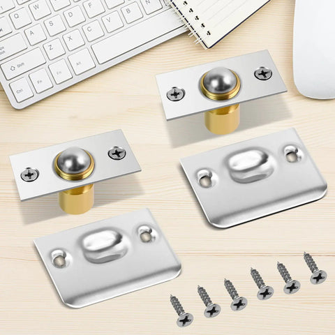 Two Pack Adjustable Closet Door Ball Catch Set With Spring Loaded Copper Mechanism displayed on table with screws