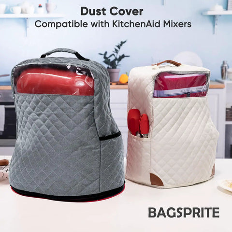 Heavy Duty Stand Mixer Cover With Smooth Glide Appliance Sliders For No Sweat Kitchen Moves And Hella Sturdy Dust Seal With Spacious Accessory Pockets For All Standard Mixers in gray and white.