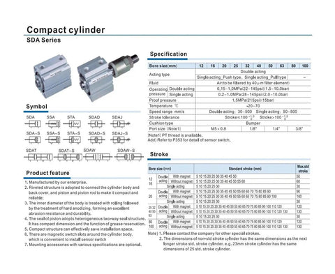 Compact Dual Rod Pneumatic Cylinder Built Tough For Rock Solid Stability And Zero Wobble During Smooth Clamping Moves Alongside Heavy Duty Push Pull Work In Cramped Workspaces Specification sheet with bore sizes and features.