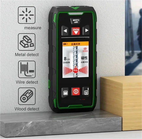 Kickass 5-In-1 Wall Scanner Featuring Advanced Sensor Tech And Bright Lcd Readouts for detecting wood, metal, and wires on a countertop.