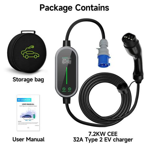 Type 2 Ev Charging Cable With Adjustable Amperage 6 To 32 Amps for 7.2kW home wallboxes with storage bag and user manual.