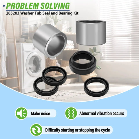 High Quality Plug And Play Top Load Washer Bearing And Seal Kit Easy Spin Cycle Fix Compatible With Whirlpool Kenmore Maytag Admiral Amana Washing Machines Replaces 470615 featuring silver bearings and black seals on a blurred laundry room background.