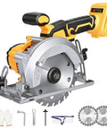 5.5 Inch Cordless Circular Saw Tool Only Compatible With DeWalt 20V Max Batteries with accessories like gloves and safety goggles.