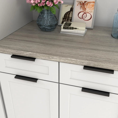 25 Pack Finger Edge Pulls for black cabinet handles on white kitchen drawers, showcasing modern kitchen tab hardware with 5 inch hole centers.