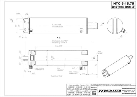 Heavy Duty Workhorse Double Acting Hydraulic Cylinder For Dump Trailers 5 Inch Bore 15.75 Inch Stroke 3500 Psi technical drawing with dimensions.