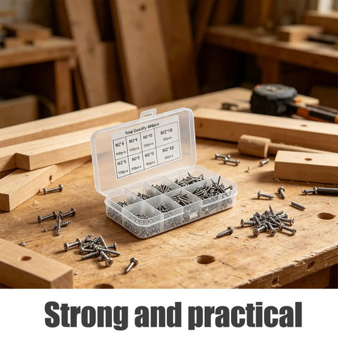 800 Piece Self Tapping Screws Set Round Head M2 Carbon Steel Wood And Metal Sheet Fasteners Assortment Kit With Strong Hold And Organized Storage For Home Toolboxes And 3D Printer Parts in storage case