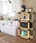 Wooden shelving unit with heavy duty 3 way right angle corner bracket set for 1.5x3.5 inch wood, 8 pack, in a kitchen setting.