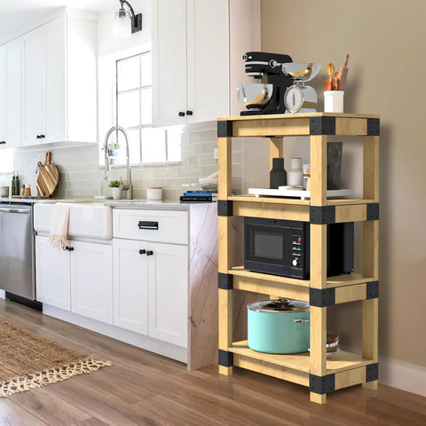 Wooden shelving unit with heavy duty 3 way right angle corner bracket set for 1.5x3.5 inch wood, 8 pack, in a kitchen setting.