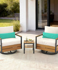 Three Piece Outdoor Bistro Set With 360 Swivel Rocking Chair And Two Tier Solid Acacia Wood Sliding Coffee Table White Six Inch Cushions For Backyard Or Poolside Vibes on patio