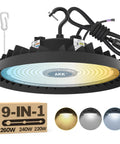 260W LED High Bay Light UFO with tunable colors 4000K 5000K 5700K, dimmable 1-10V, US plug, ETL listed, box and color options shown