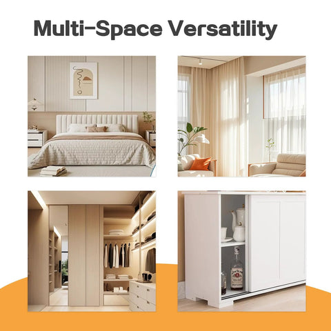 Four images showing bedroom, living room, closet, and cabinet spaces demonstrating the versatility of sliding closet door roller kits.