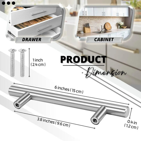 Prime 5 Pack Of Slick 6 Inch Brushed Nickel Cabinet Handles For Kitchen Drawers And Cupboards Stainless Steel Door Pulls With No Hassle showing dimensions and installation details.