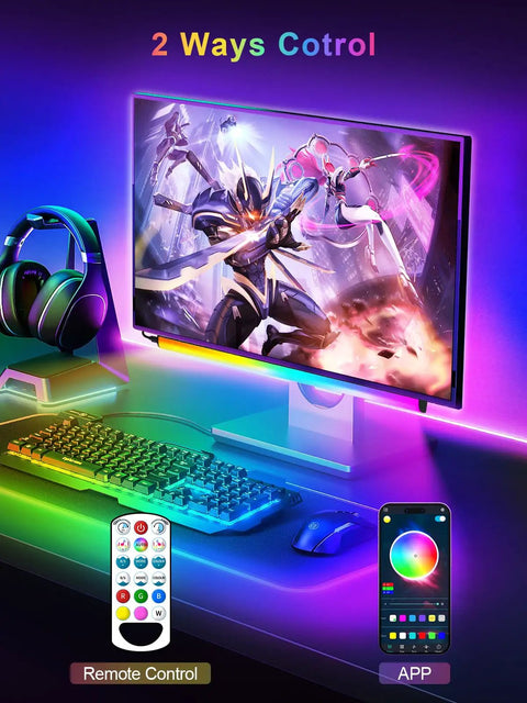 Monitor Down Light Bar RGB Desk Light for PC Setup With Dynamic Rainbow LEDs shown below gaming monitor with app and remote control