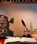 Count Cat's Study Book Nook Kit DIY Miniature Dollhouse For Grownups, 3D Wooden Puzzles on a desk under warm light