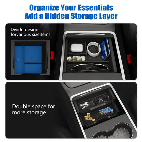 Interior view of Double Layer Center Console Organizer For Tesla Model Y 2025 2026 And Model 3 2024 2026 with silicone inner tray