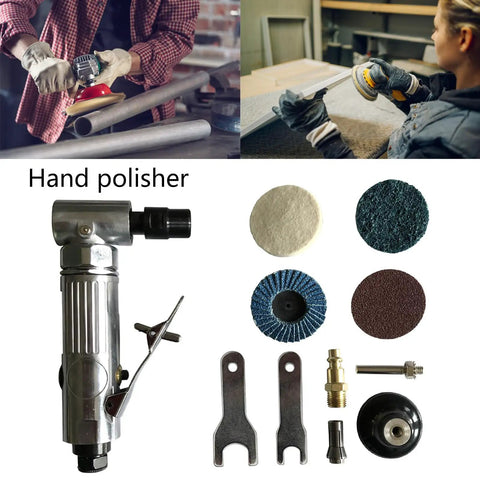 Pro Grade Pneumatic Angled Grinder Kit With Rubber Sanding Discs And 80 Grit Pads featuring hand polisher and various discs.