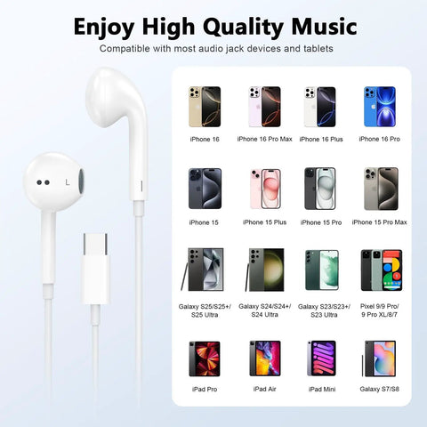 Two Pack Premium USB C Wired Earbuds Featuring A Built In DAC Chip And Tangle Free Four Foot Cord For Smartphones and tablets.