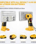 Beast LED Work Light 30W 3300LM with 110 Degree Pivot shown with compatible Dewalt 14.4-20V Max batteries