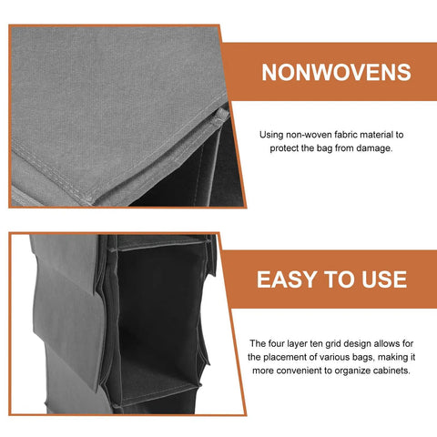 Kickass Multi Layer Closet Hanging Storage Bag And Solid Non Woven Wardrobe Organizer with reinforced seams showing grey fabric and compartments.