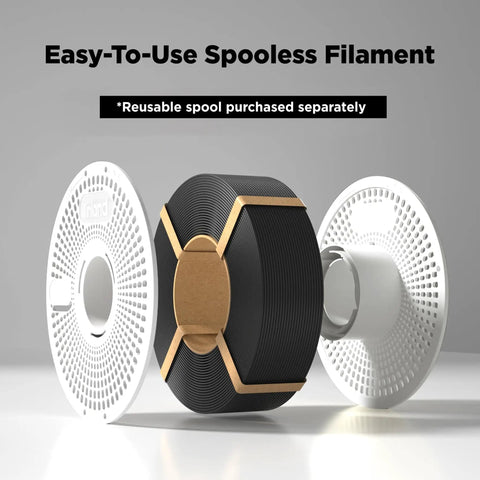 Pro Grade Reusable 3D Printing Filament Spool For Spoolless Plastic Refills Compatible With Bambu Lab AMS, showcasing the black filament wrapped in a white holder.