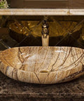 Top Shelf Rectangular Vessel Sink For Above Counter Bathroom Vanity Setup Modern Boat Shaped Washbasin with marble finish.