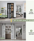 Black Bifold Closet Doors For A 72 By 80 Inch Opening Featuring Hella Smooth Glide Tempered Frosted Glass MDF Prehung Interior Bifold System With Concealed Track Hardware totally sweet for pantry laundry renovation project no sweat install in modern interior setting.