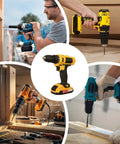 Heavy Hitter Cordless Power Drill And High Torque Workhorse For Hassle Free Woodworking And Crafting Tasks With Quick Release Chuck And Smooth Industrial Motor Punch with multiple drills in use.