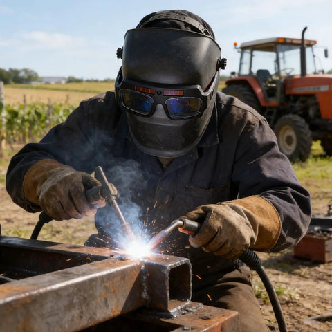 Solar Powered Auto Darkening Welding Glasses With Killer Panoramic View And Super Comfy Wraparound Fit For Top Shelf Eye Protection On Any Heavy Duty Metal Work Or Weekend Garage Build in use during welding.