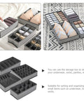 Four Piece Slick Underwear Storage Organizers Featuring Nifty Grid Layouts For Foldable Oxford Fabric Drawer Bins and Wardrobe Packing Boxes Keeping Your Daily Gear Straight Up Neat And Secure in grey with socks and underwear.