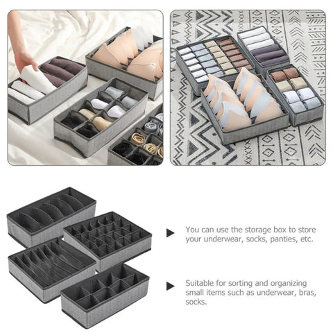 Four Piece Slick Underwear Storage Organizers Featuring Nifty Grid Layouts For Foldable Oxford Fabric Drawer Bins and Wardrobe Packing Boxes Keeping Your Daily Gear Straight Up Neat And Secure in grey with socks and underwear.