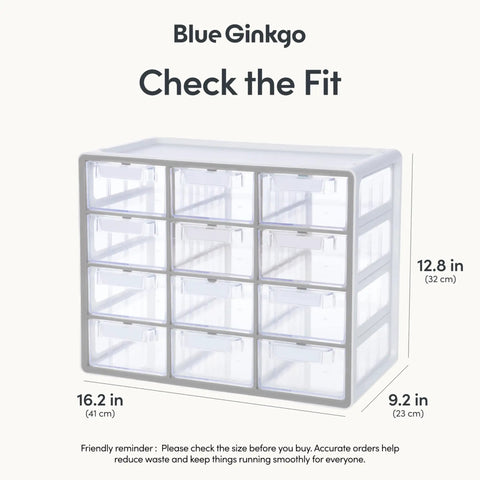 Big 12 Drawer Clear Stackable Cabinet for Hardware Beads Plastic Bricks and Craft Storage With Adjustable Dividers See Through Compartments Quick Labeling Made in Korea Gray front view
