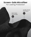 Close-up of black microfiber cloth with text highlighting screen-safe, soft-clean technology, and quality streak-free fibers.