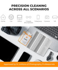 K&F Concept 6-pack microfiber lens cleaning cloths, white and gray, shown with camera gear and laptop